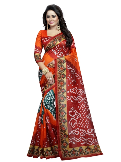 

KALINI Red & Orange Art Silk Bandhani Saree
