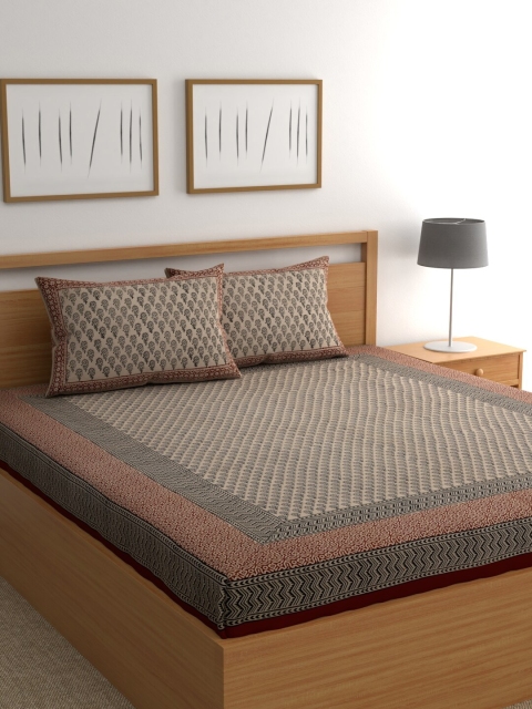 

RANGDESI Beige & Maroon Ethnic Motifs 210 TC King Bedsheet with 2 Pillow Covers