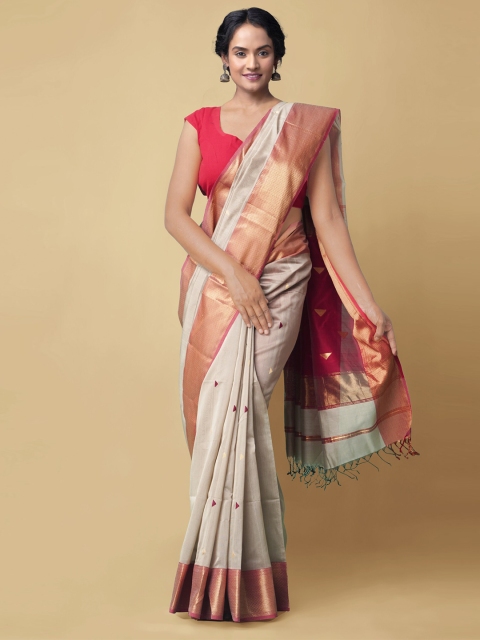 

Unnati Silks Grey & Pink Woven Design Zari Silk Cotton Maheshwari Handloom Saree