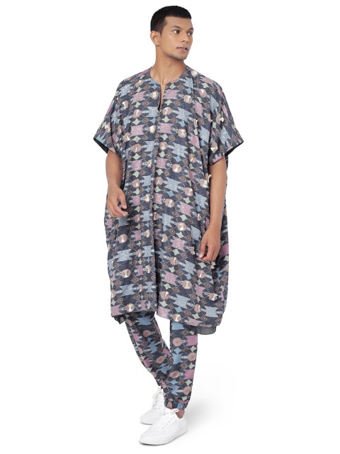 

PS MEN BY PAYAL SINGHAL Men Navy Blue & Grey Printed Kaftaan Top & Joggers