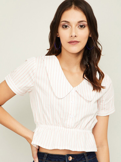 

Ginger by Lifestyle White & Pink Striped Cinched Waist Crop Top
