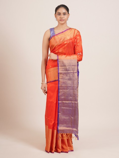 

Pothys Orange & Blue Ethnic Motifs Zari Pure Silk Uppada Saree