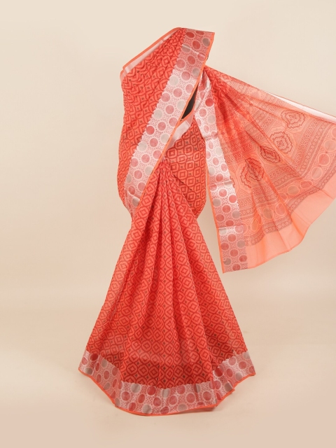 

Pothys Orange & Silver-Toned Printed Saree