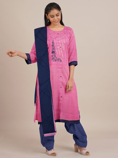 

Pothys Pink & Navy Blue Embroidered Unstitched Dress Material