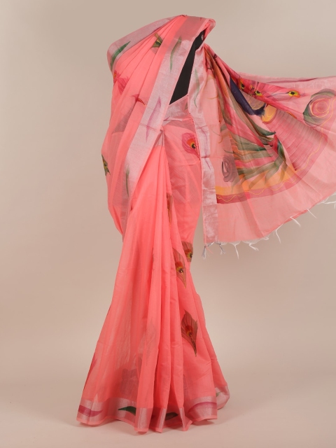 

Pothys Pink & Green Floral Zari Cotton Blend Saree
