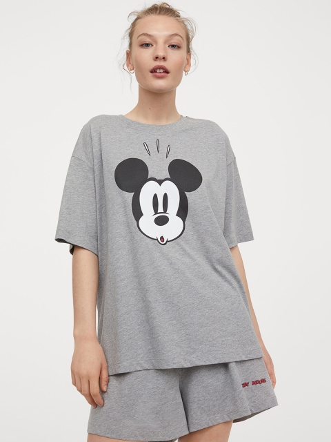 

H&M Women Grey Mickey Mouse Printed Cotton jersey pyjamas