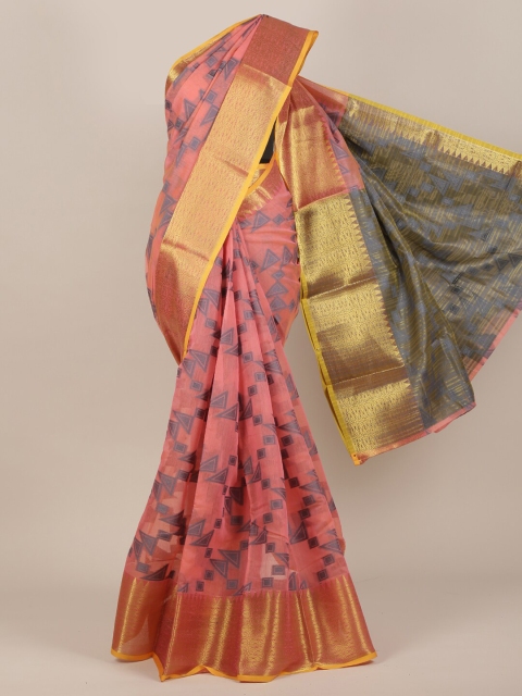 

Pothys Pink & Grey Ethnic Motifs Zari Cotton Blend Saree