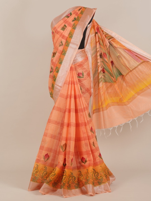 

Pothys Peach-Coloured & Green Checked Zari Saree