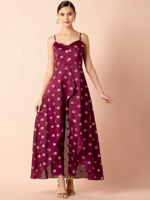 

INDYA Women Purple Wine Foil High Slit Strappy Tunic & Cigarette Pants Set