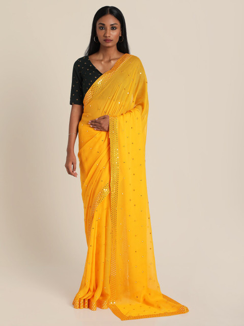

Suta Yellow & Black Embellished Mirror Work Saree