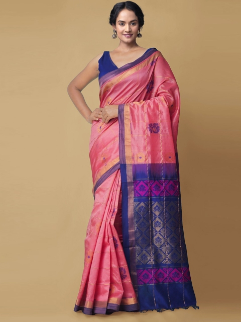 

Unnati Silks Pink & Blue Woven Design Silk Cotton Uppada Saree