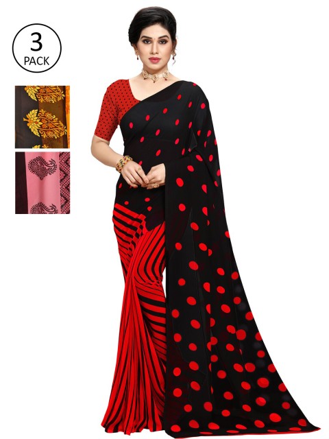 

KALINI Pack of 3 Poly Georgette Printed Sarees, Red