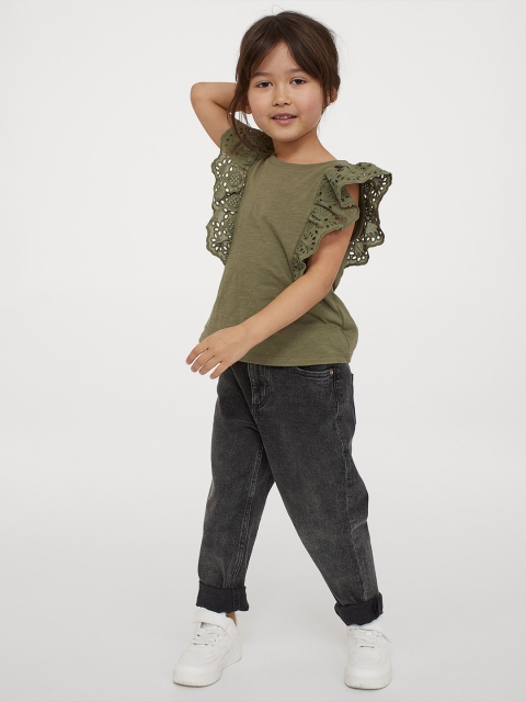 

H&M Girls Olive Green Broderie Anglaise-Detail Top