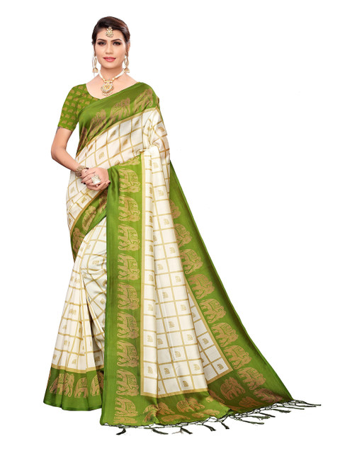 

KALINI White & Green Kalamkari Art Silk Saree