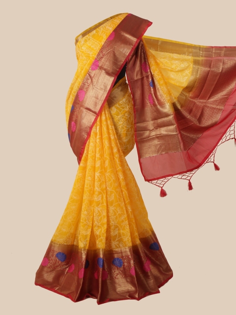 

Pothys Yellow & White Floral Print Zari Tusser Silk Saree