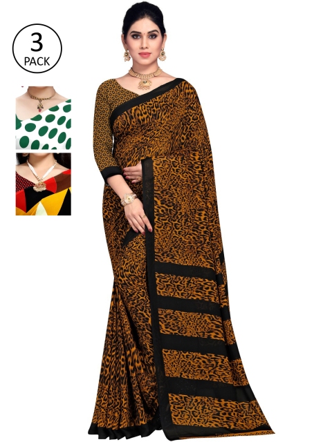 

KALINI Pack of 3 Poly Georgette Sarees, Green