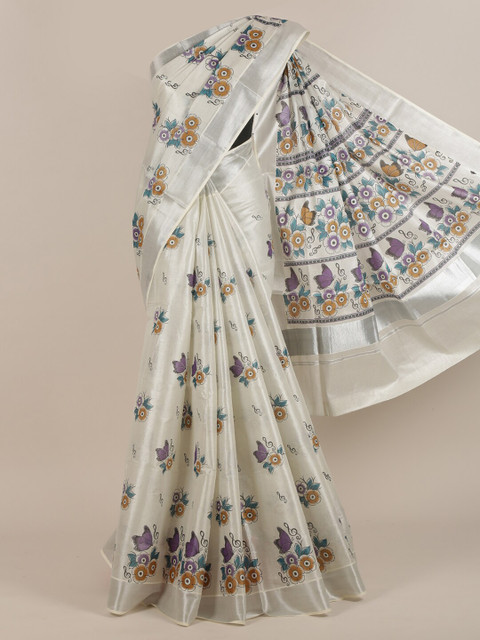 

Pothys White Floral Zari Cotton Blend Saree