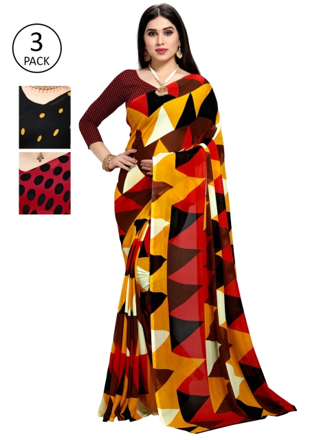 

KALINI Pack Of 3 Sarees, Red