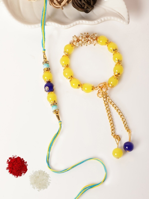 

PASSION PETALS Yellow Set of 2 Bracelet Style Bhaiya Bhabhi Rakhi, Card ,Roli Chawal