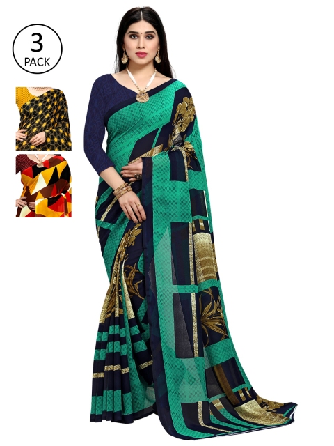 

KALINI Pack of 3 Printed Sarees, Green