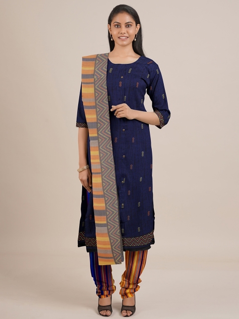 

Pothys Navy Blue & Orange Printed Unstitched Dress Material
