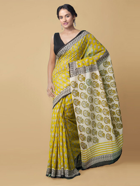 

Unnati Silks Women Yellow & Black Pure Bagru Printed Kota Cotton Sustainable Saree