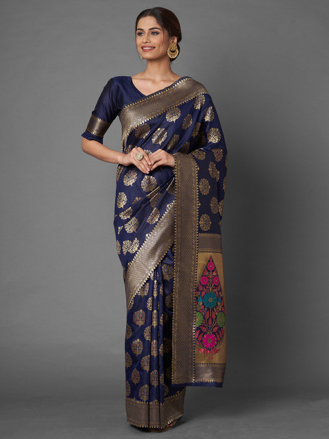 

Mitera Navy Blue & Golden Ethnic Motifs Zari Banarasi Saree
