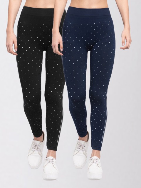 

KLOTTHE Women Pack Of 2 Polka Dot Printed Skinny-Fit Jeggings, Navy blue