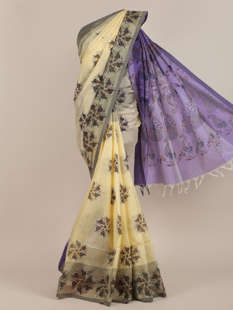 

Pothys Cream & Blue Ethnic Motifs Zari Cotton Blend Saree