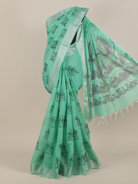 

Pothys Green & Silver-Toned Floral Saree