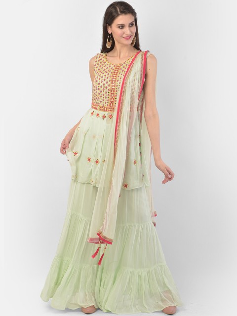 

Neerus Women Green Embroidered Mirror Work Kurta with Sharara & Dupatta