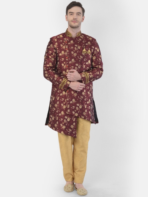 

SG RAJASAHAB Men Maroon & Gold-Coloured Printed Cotton Sherwani Set