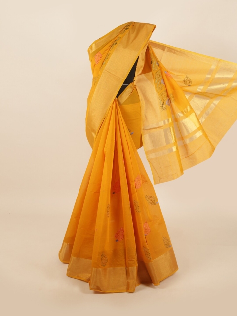 

Pothys Mustard & Olive Green Floral Cotton Blend Saree