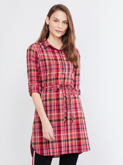 

max Red & White Shirt Collar Checked Cotton Tunic