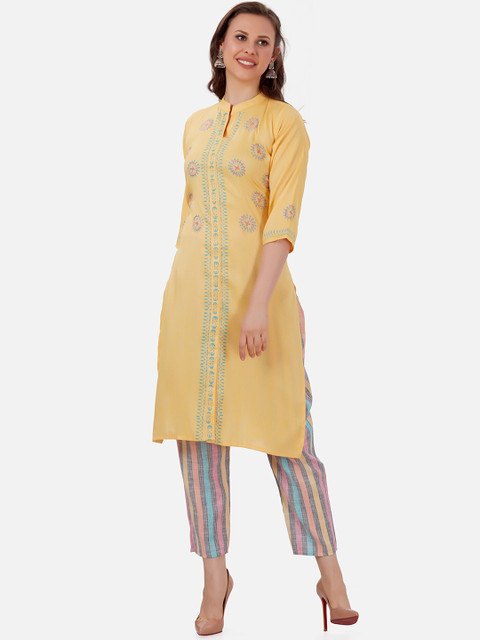 

Kiana Women Yellow & Grey Ethnic Motifs Printed Kurta with Trousers