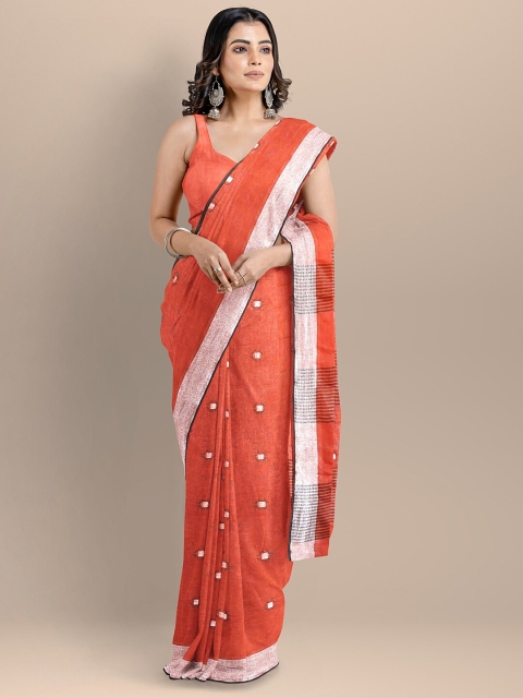 

BharatSthali Rust & Silver-Coloured Ethnic Motifs Pure Linen Jamdani Handloom Saree