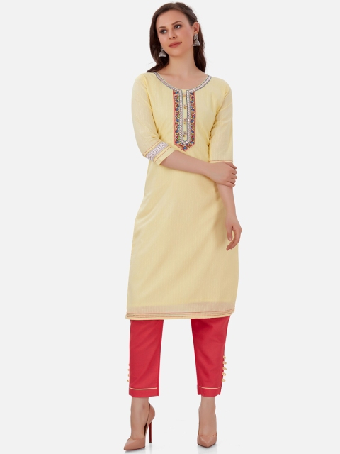 

Kiana Women Yellow Floral Embroidered Pure Cotton Kurta with Trousers