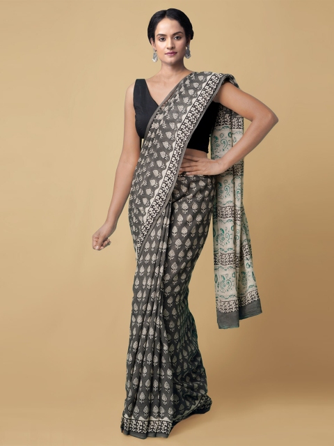 

Unnati Silks Women Grey & White Pure Bagru Printed Kota Cotton Sustainable Saree