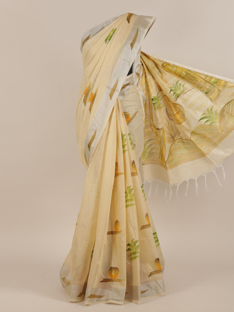 

Pothys Cream & Green Floral Zari Cotton Blend Saree