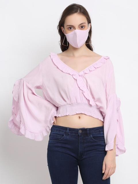 

DIVA WALK EXCLUSIVE Women Pink Flared Sleeve Ruffles Blouson Crop Top