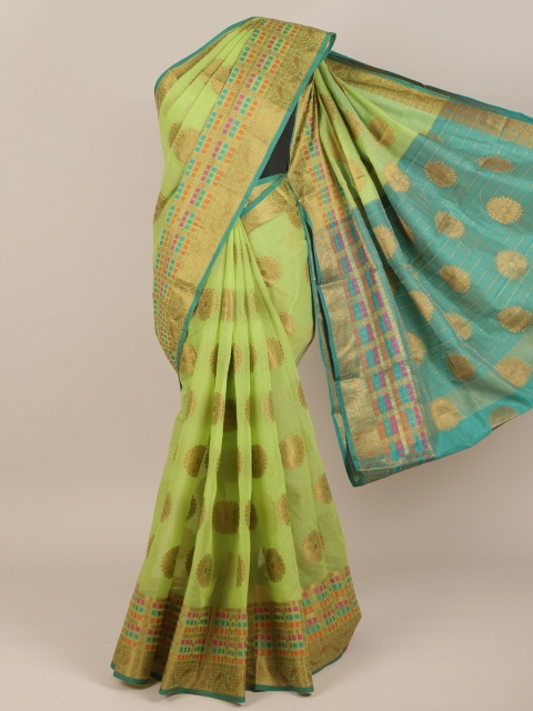

Pothys Green & Gold-Toned Woven Design Zari Cotton Blend Saree