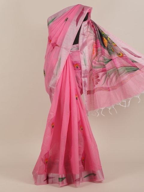 

Pothys Pink & Green Floral Cotton Blend Saree