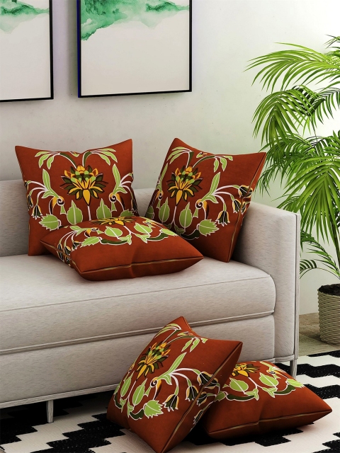 

Salona Bichona Brown & Green Set of 5 Floral Square Cotton Cushion Covers