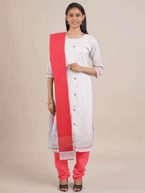 

Pothys White & Peach-Coloured Embroidered Unstitched Dress Material