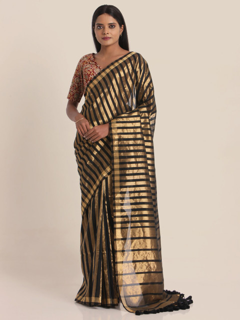 

Suta Black & Gold-Toned Striped Zari Linen Blend Handloom Saree
