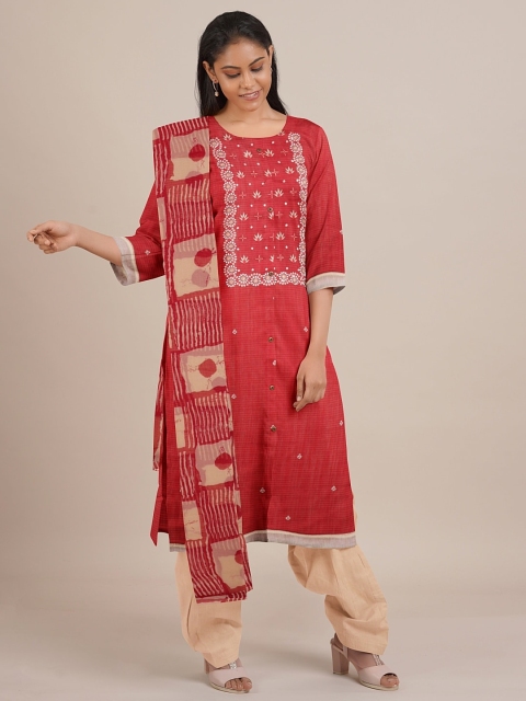 

Pothys Red & Cream-Coloured Unstitched Dress Material