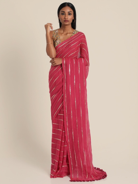 

Suta Pink & Gold-Toned Striped Sequinned Pure Cotton Saree