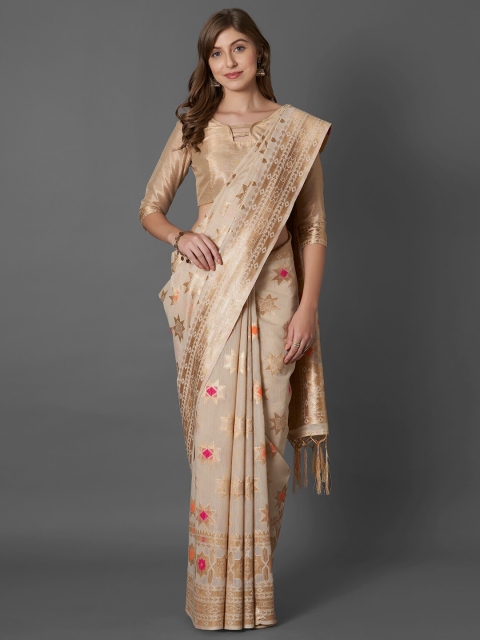 

Mitera Beige & Golden Woven Design Zari Detail Banarasi Saree