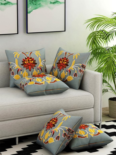 

Salona Bichona Grey & Yellow Set of 5 Ethnic Motifs Square Cushion Covers