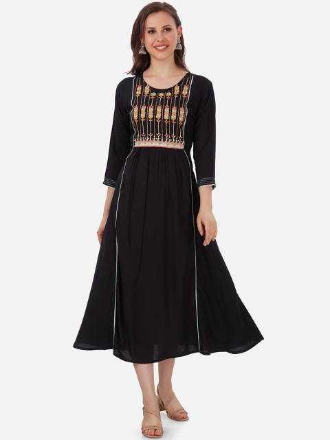

Kiana Black Floral Embroidered Midi Dress